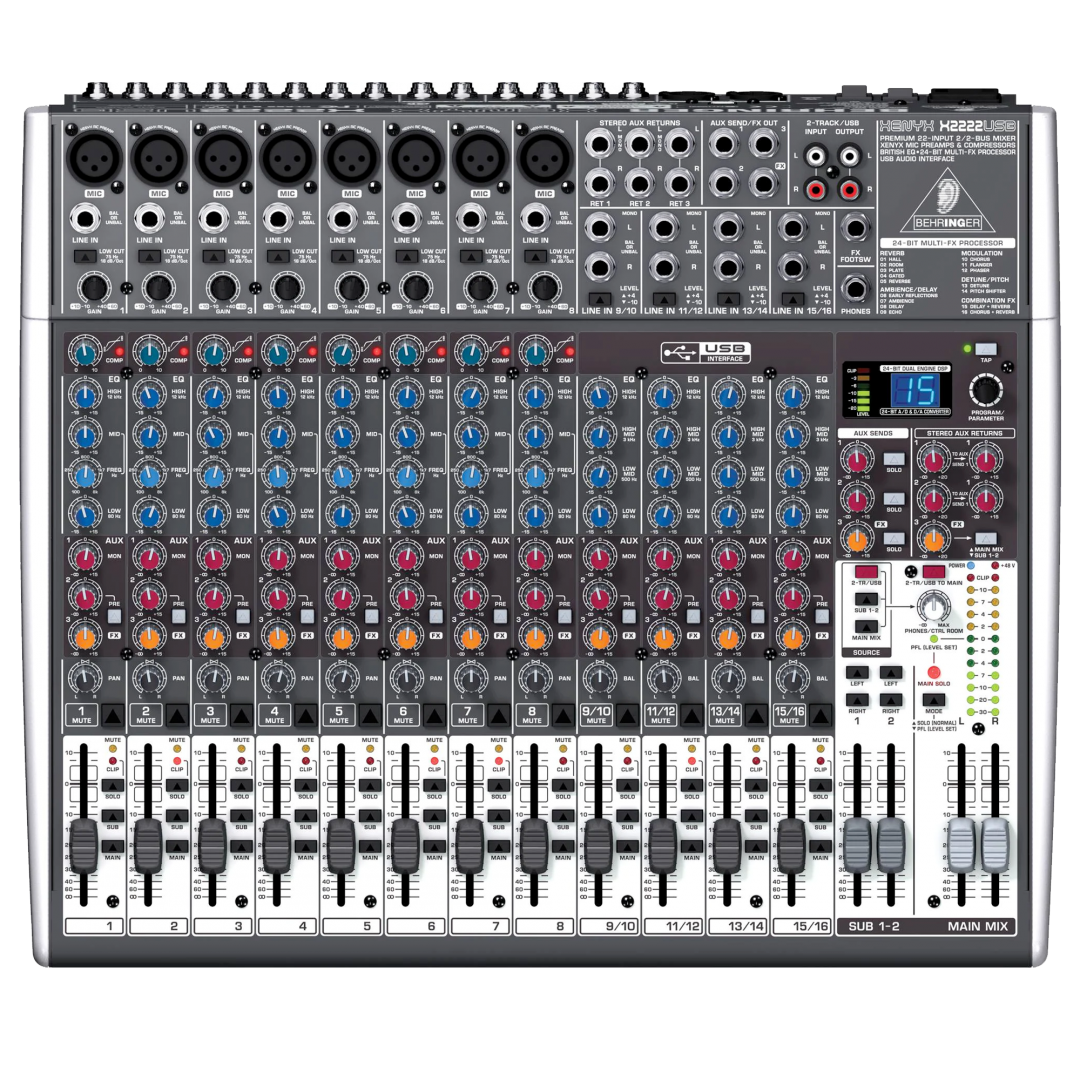 Table de mixage audio de la marque XENYX modèle X2222USB en location par l'entreprise de production audiovisuelle VIDEO CUT PRODUCTION.